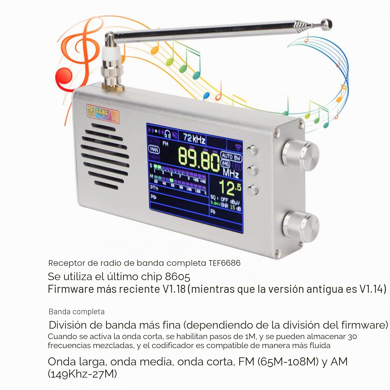 Receptor de Radio de Banda Completa, Radio Am FM de Corta de Larga de Media, Radio de Banda Completa Portátil LCD de 3,2 Pulgadas con Caja de Metal, Altavoz,