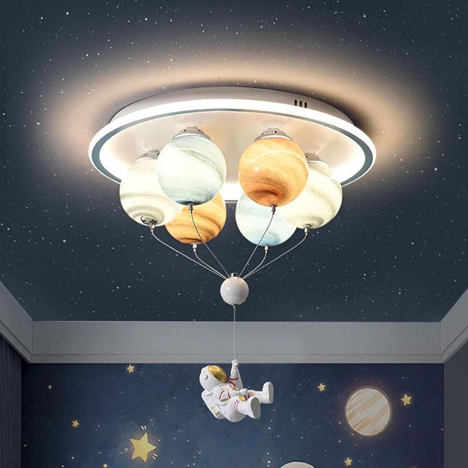 Astronaut Ceiling Lamp for Boys, Modern LED Chandelier, Creative 6-Light Starry Glass Lampshade, Adjustable Light Cord, Recessed Ceiling Lamp, Suitable for Children's Room, Bedroom, Nursery