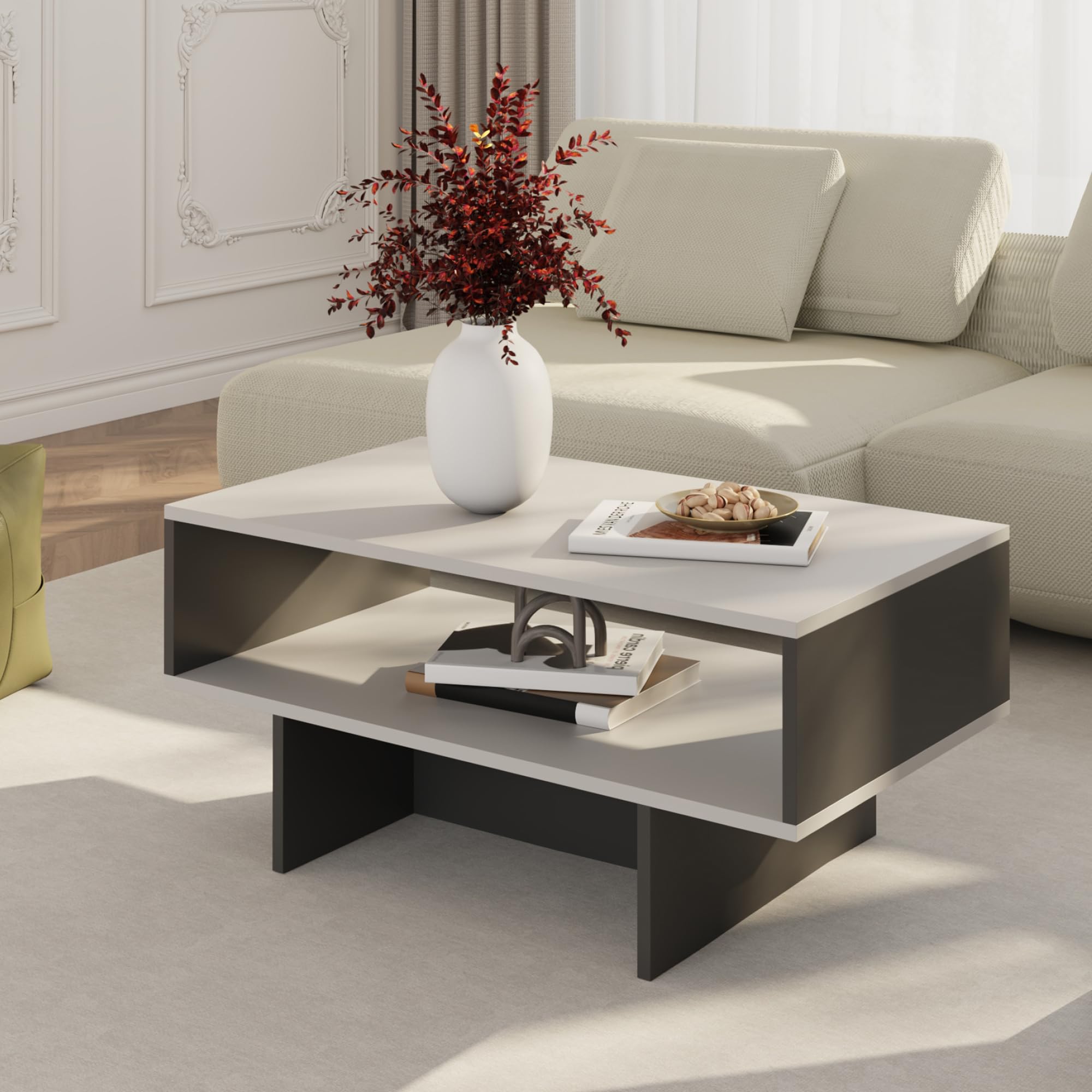 [en.casa] Tavolino da Salotto (AxLxP): 36,4 x 80 x 45 cm Tavolino Basso da Divano Tavolino a 2 Piani di Appoggio Rettangolare - Bianco/Antracite
