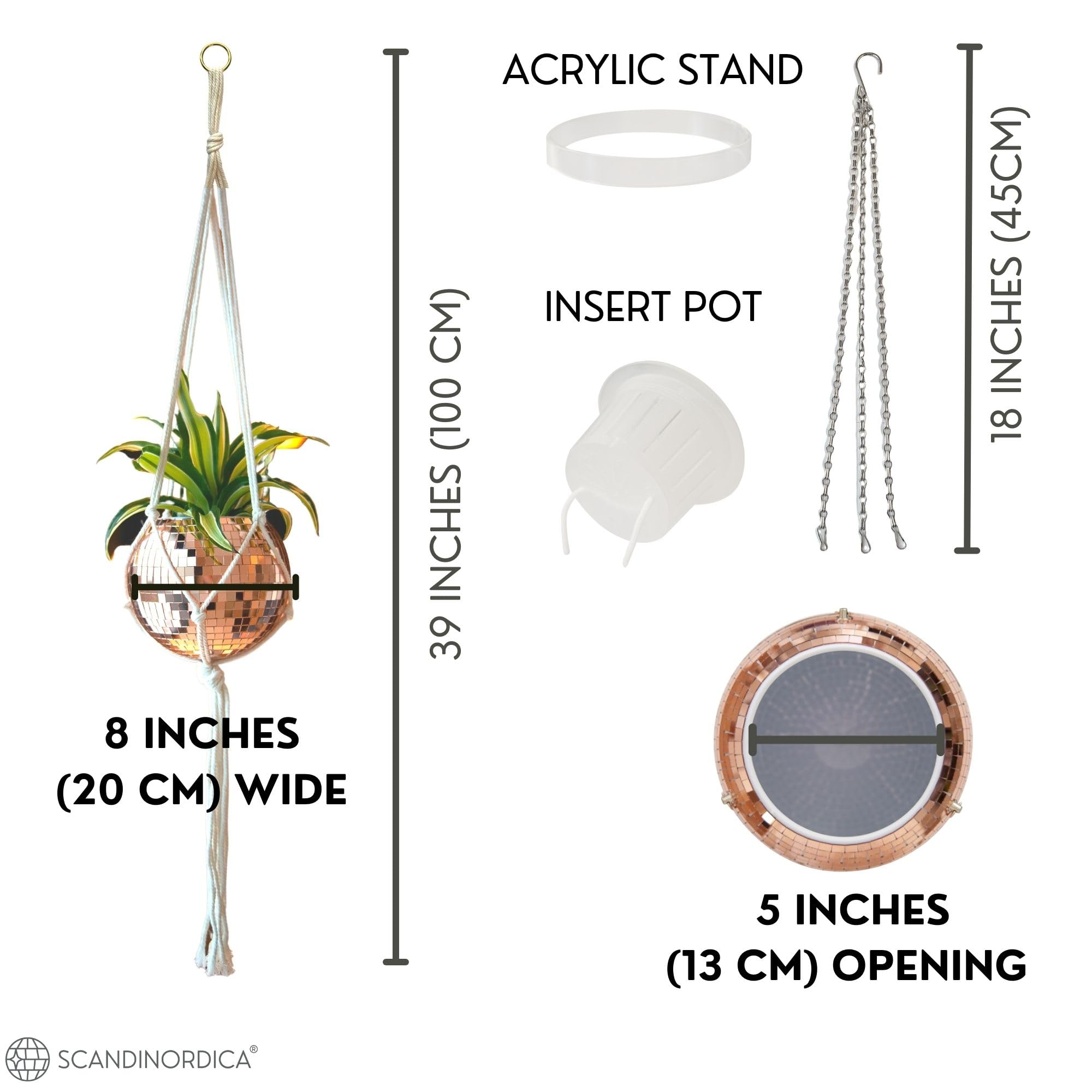 SCANDINORDICA Disco Ball Planter, Disco Ball Plant Hanger, Mirror Disco Glitter Planter with Chain and Macrame Rope - Image 3