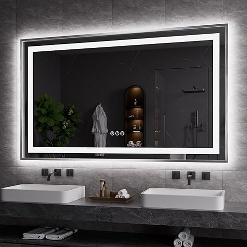 Miniatura 15 de Amorho Espejo de baño LED de 55 x 36 pulgadas, marco negro, luz frontal y retroiluminada, regulable continuamente, antivaho, a prueba de roturas,