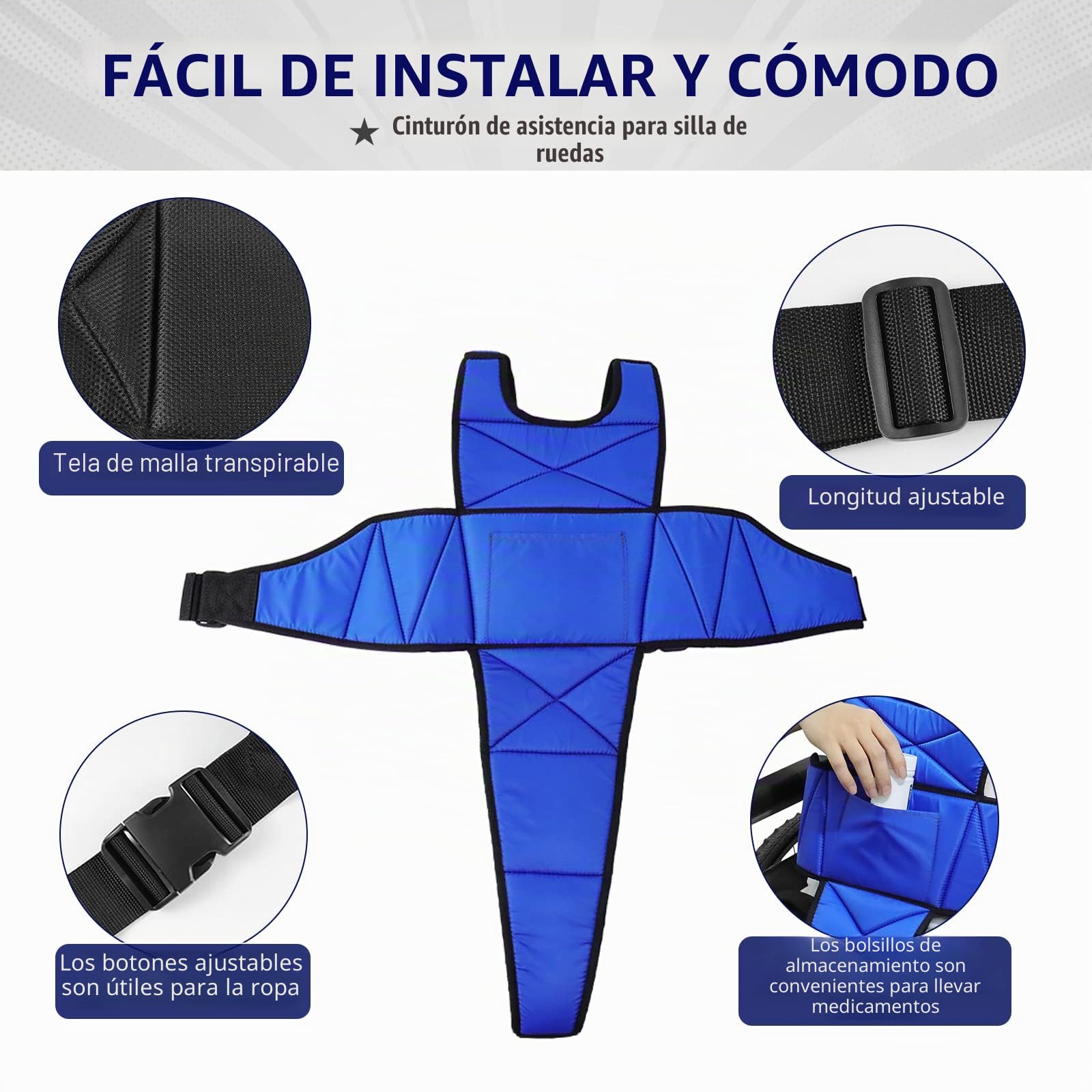 LOSCHEN Cinturón de arnés para silla de ruedas, antideslizante, transpirable, para todo el cuerpo, cinturón de seguridad para personas mayores y pacientes (azul)