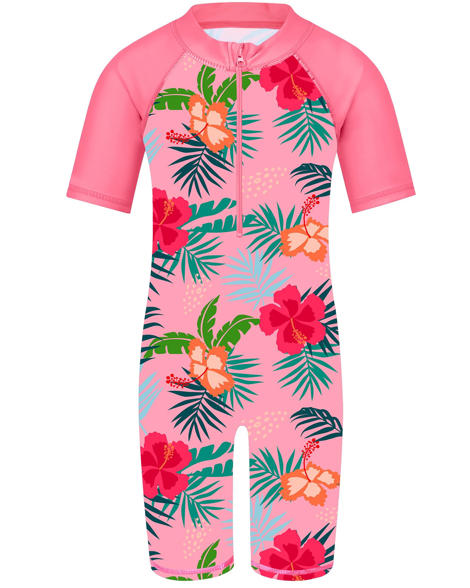 TFJH E Short Sleeve Girls Swimsuits UV 50+ One Pieces Bathing Suits Zipper 2-14Y