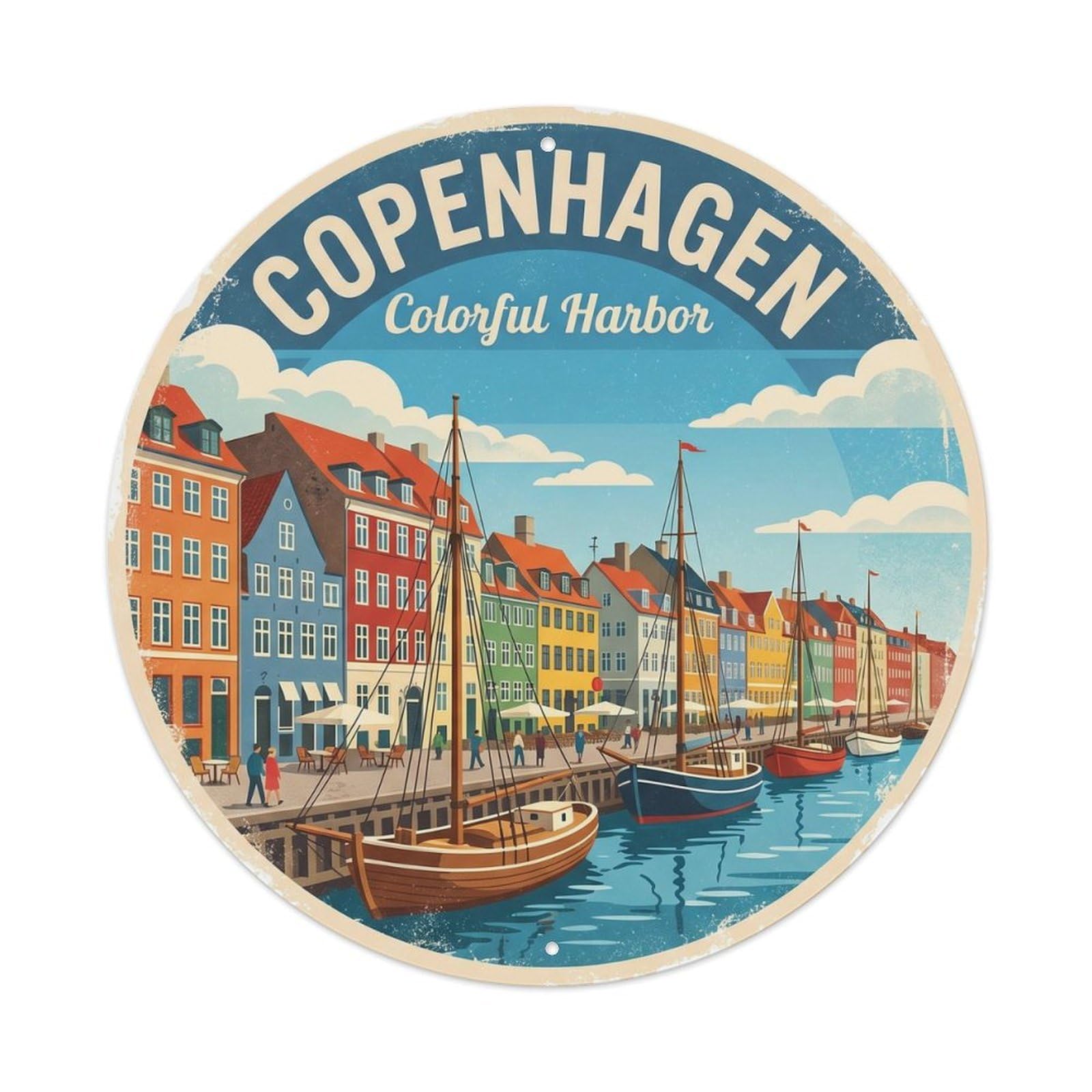 Cmhok Vintage Style Vintage Travel Copenhagen Denmark Nyhavn Metal Tin Sign Plaque Wall Decor For Cafe, Club, Garden Round Metal Poster 8X8inch