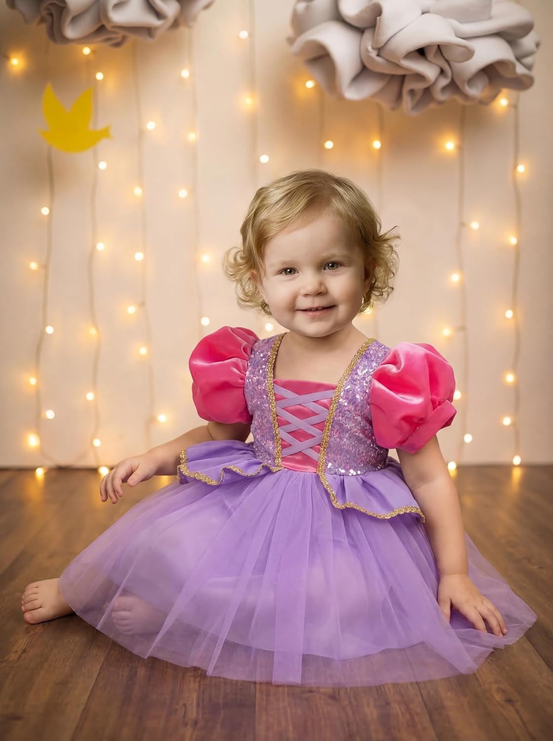 Flylytota Toddler Girls Princess Dress, Puff Sleeve Sequin Tulle Costume Gown for Birthday Party Christmas Halloween Cosplay