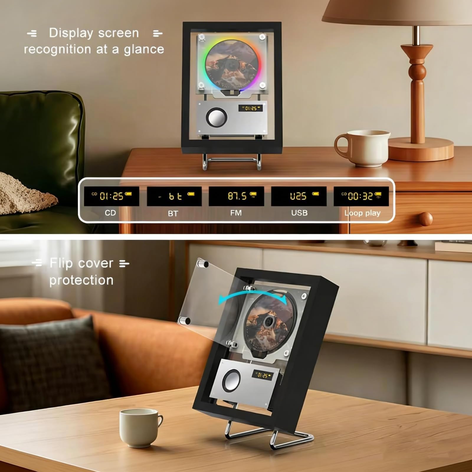 Lettore CD Portatile, Cornice Bluetooth 5×7 Pollici, da Parete e Tavolo | Design Trasparente, Uscita Audio Wireless e Display Album per Altoparlanti e Cuffie(silver)