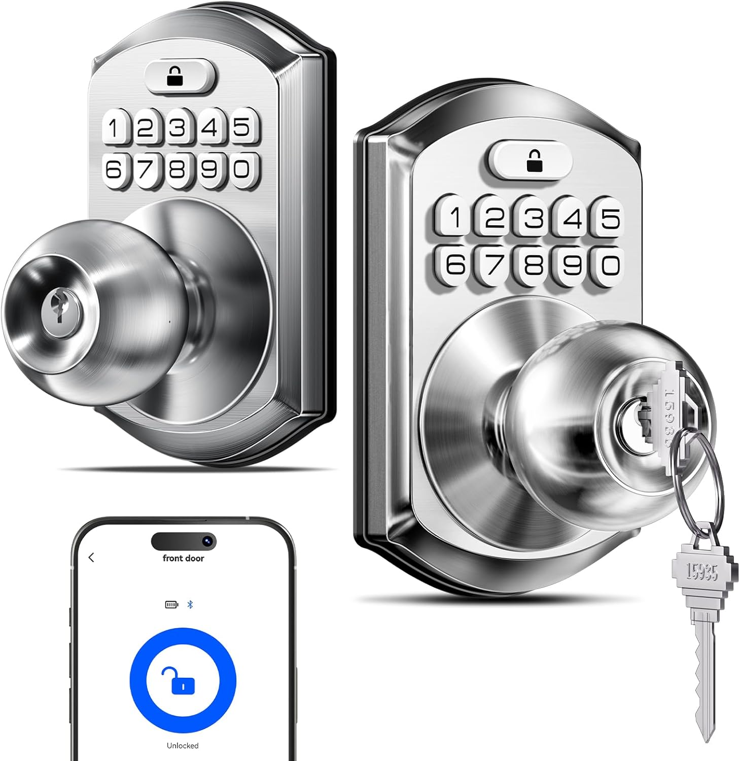 TEEHO Smart Door Knob + TEEHO Keyless Entry Keypad Door Lock, Auto Lock, Easy Installation for Front Door, Bedroom, Rental, Satin Nickel