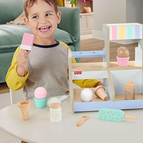 Miniatura 2 de Fisher-Price Juego de tienda de helados de juguete de simulación de madera, juego de 18 piezas de comida de madera para niños preescolares a partir