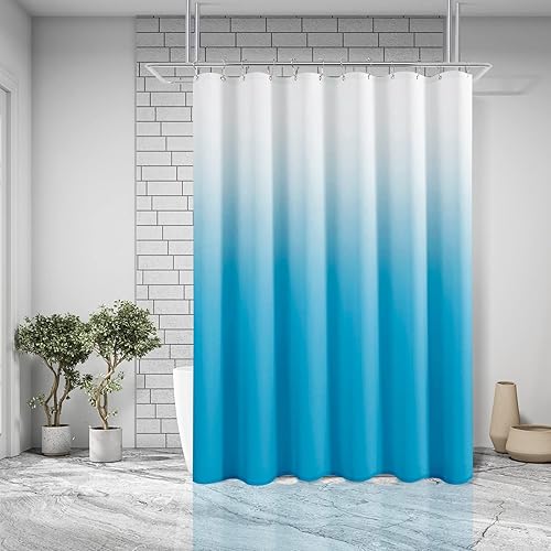 Cortinas de ducha azules para baño, juego de cortinas de ducha de tela texturizada ombre, lujo de hotel y spa con 12 ganchos, lavable a máquina
