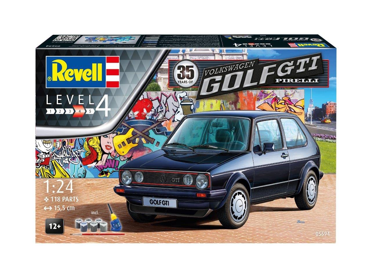 Revell Gift Set 05694 "35 Years VW Golf 1 GTI Pirelli 1:24 Scale Unbuilt Plastic Model Kit with Contacta Professional Glue, Paintbrush & Selected Aqua Color Paints