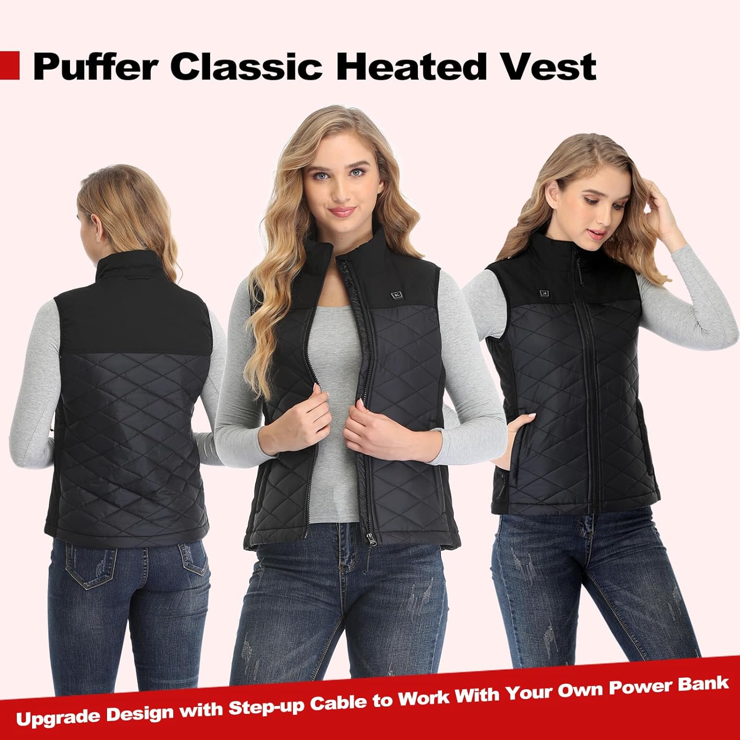 Heated Vest for Women with 9V Heated Jacket Battery Step-Up Adapter Charger Cable USB-C, Puffer Classic Warming Vest - Image 3