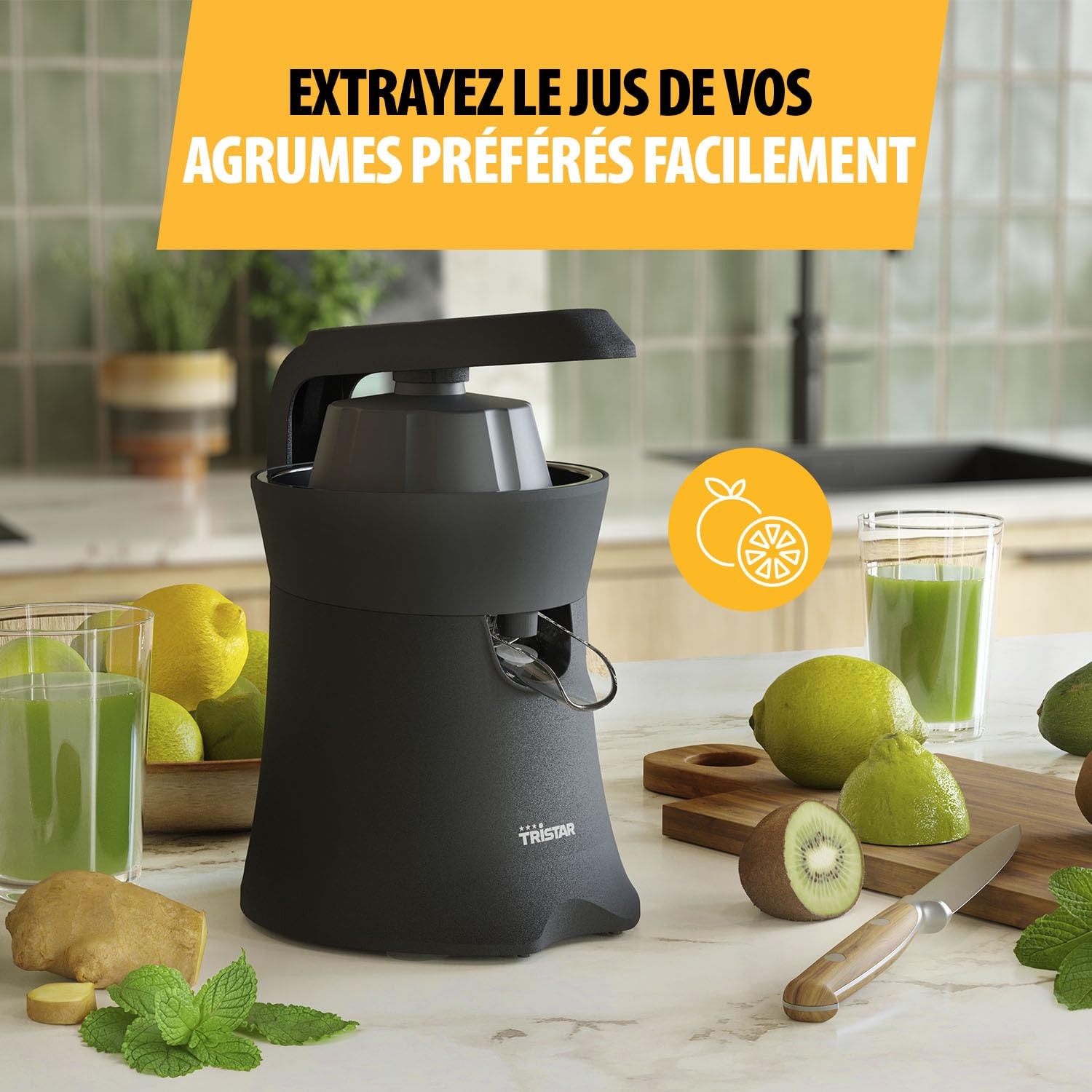 Tristar Presse-agrumes | Pièces résistantes au lave-vaisselle | 2 cônes de pression | Levier de pression convivial | Filtre à pulpe | Service direct | CP-3015, Noir