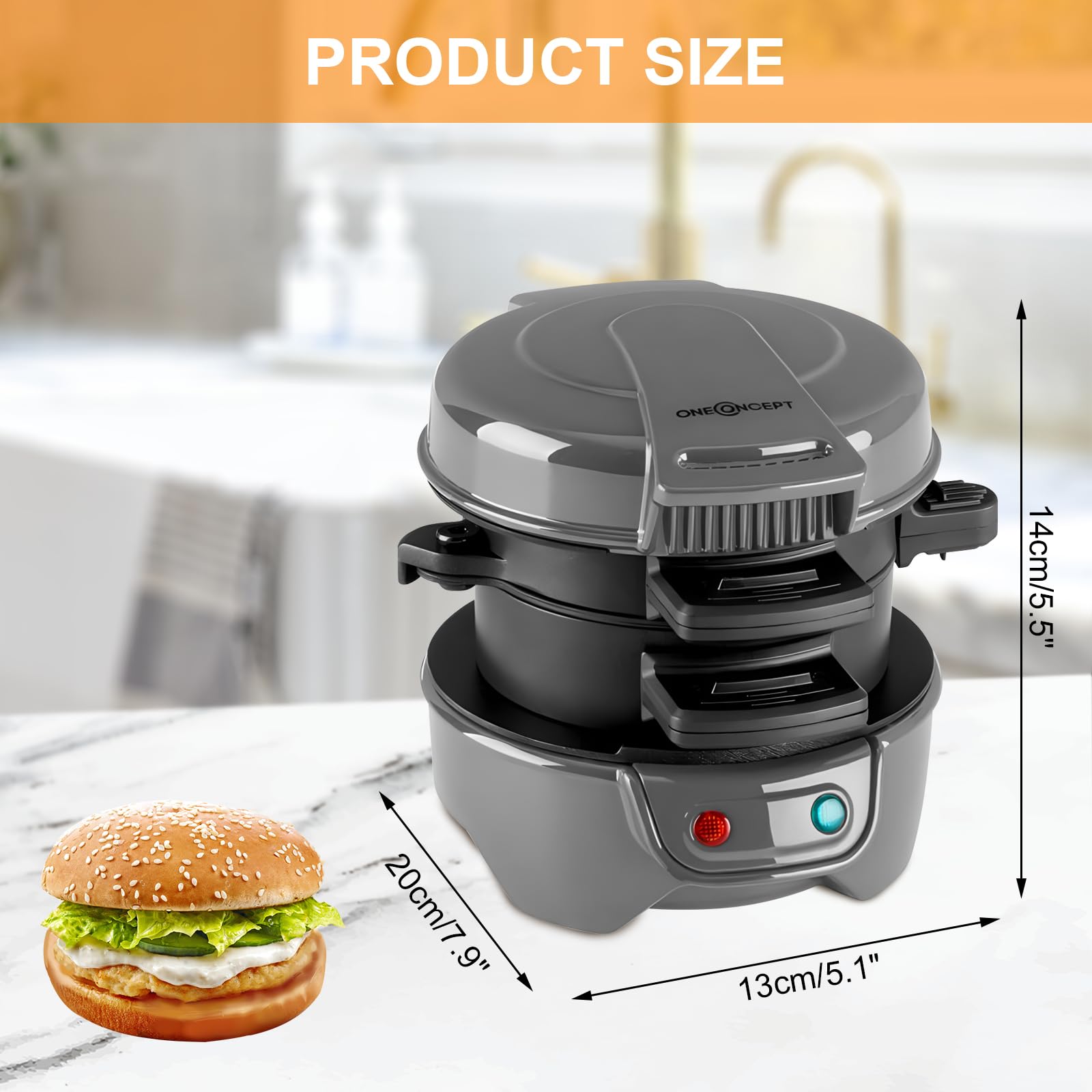 Appareils à Sandwiches, 600W Burger Maker avec revêtement antiadhésif, Grill Sandwich/Hamburger Avec Compte à Rebours Numérique, lavable au lave-vaisselle pour un petit déjeuner rapide (Gery)