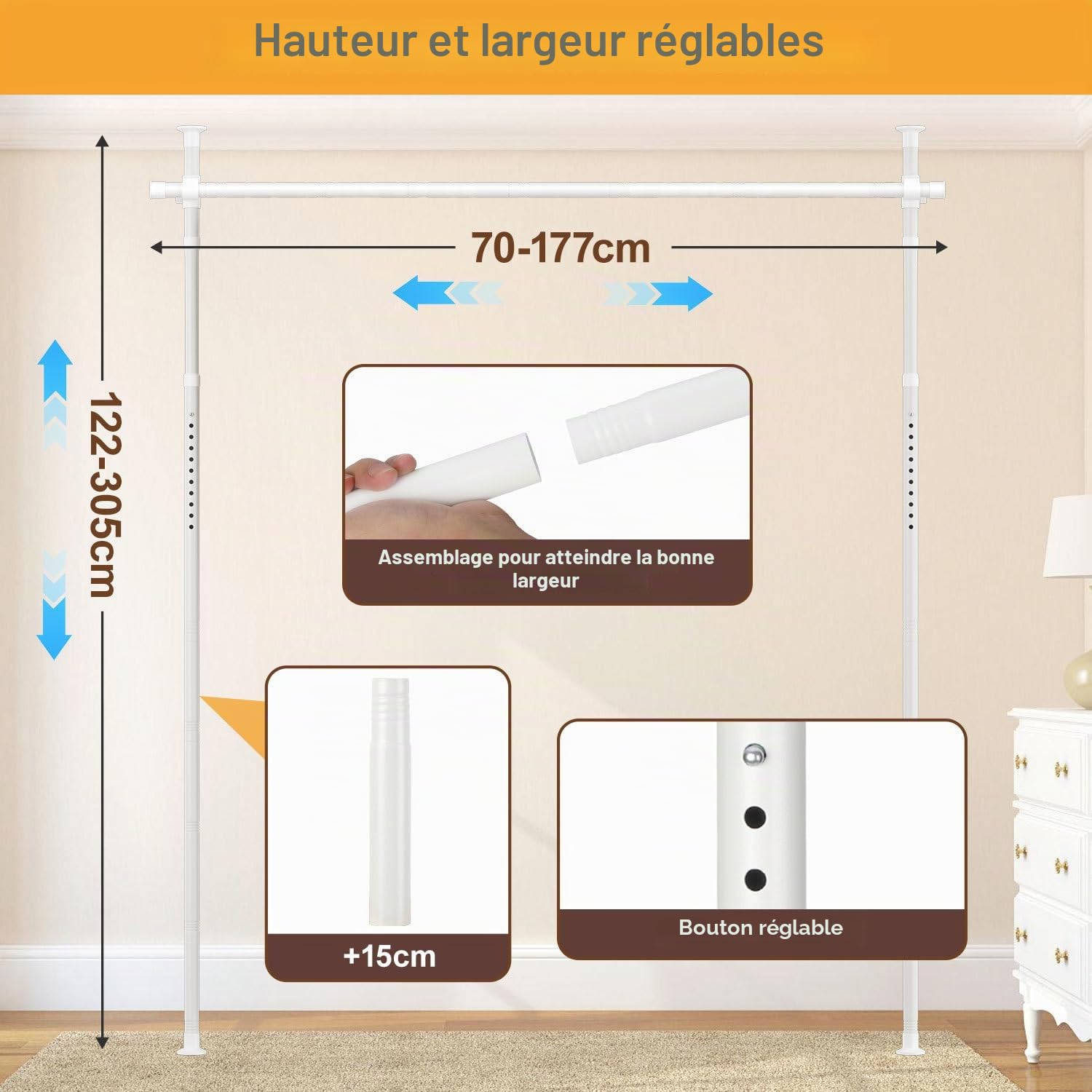 Tringle Rideau sans Perçage H 122-320 cm B 70-177 cm | Acier carbone, Salon chambre dressing, Préserve l’intimité, Blanc, Paravent interieur, Rideaux non inclus