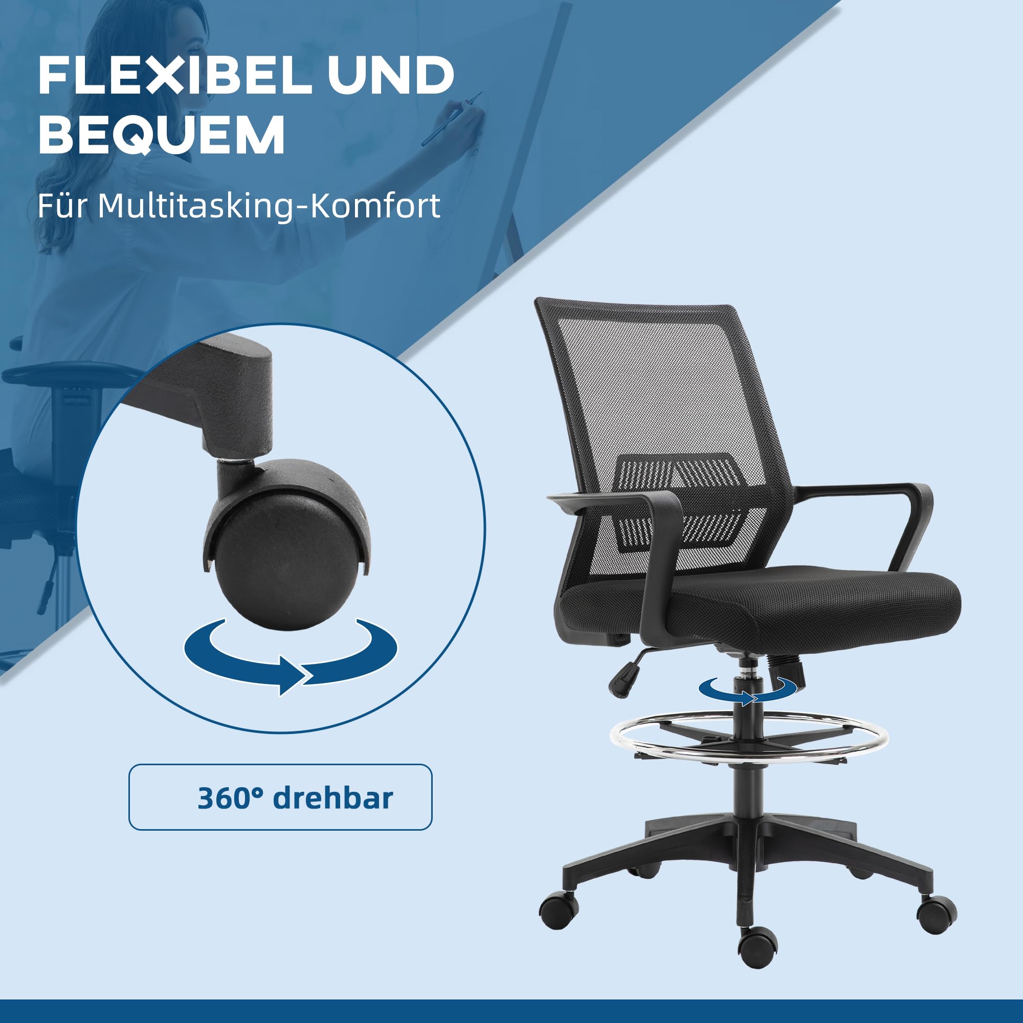 Vinsetto Bürostuhl mit Verstellbarem Fußring Lendenwirbelstütze Schwarz | Ergonomischer Schreibtischstuhl, Höhenverstellbarer Drehstuhl mit Netzbespannung, Zeichenstuhl mit Wippfunktion