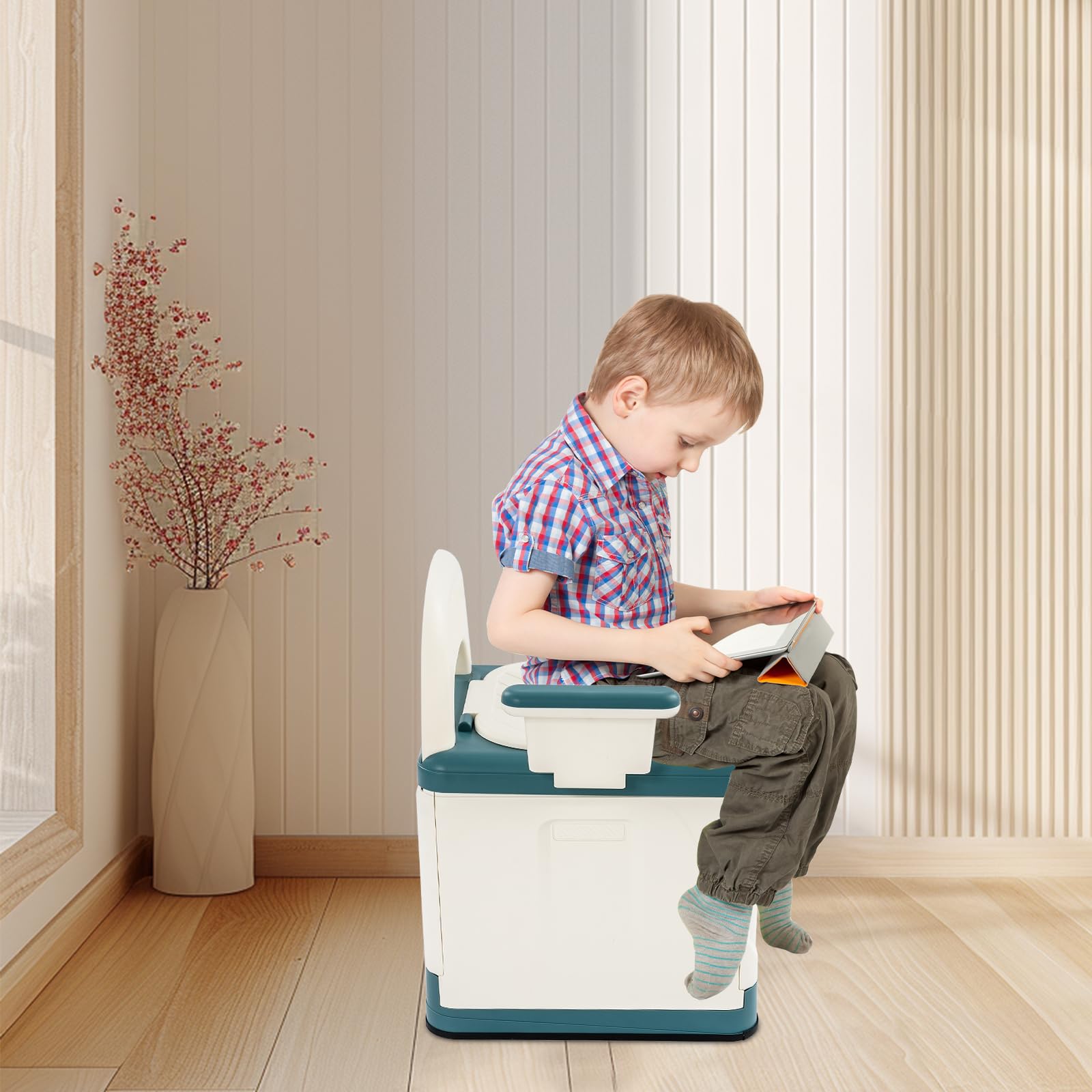 Przenośna toaleta z pokrywką – komoda Bedside, krzesło nocne z uchwytami, do 150 kg, do łazienki, sypialni, na podróż i kemping, morski błękit