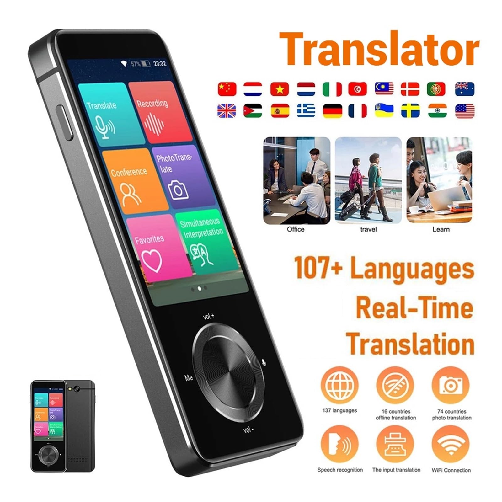 Dispositivo traductor de Idiomas | Traductor de 107 idiomas con traducción de voz y texto en tiempo real