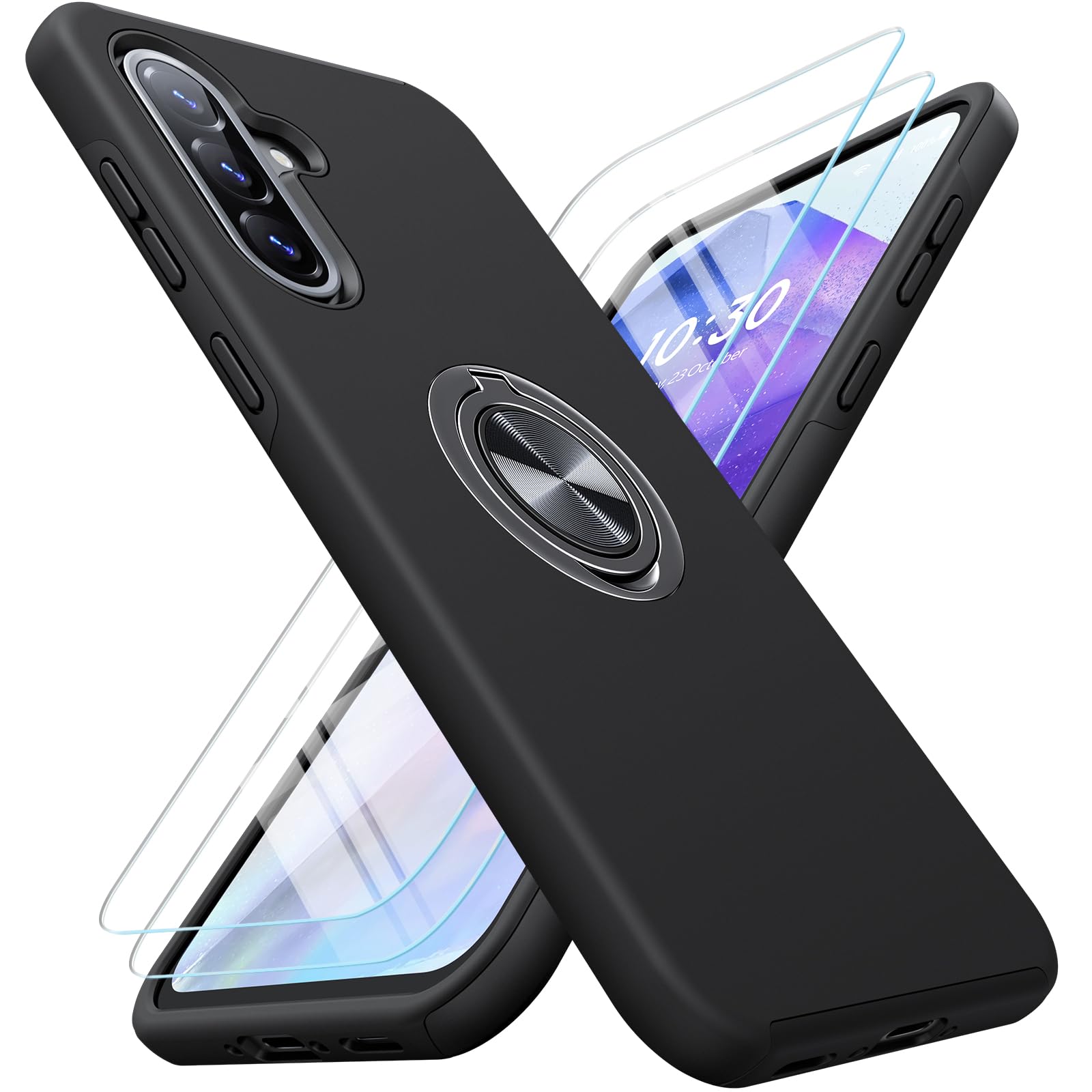 AOUIA für Samsung Galaxy A36 5G Hülle mit 2 Stück Panzerglas, 3-in-1 Set Schutzhülle, 360°Drehbarer Ring Kickstand, Anti-Fingerabdruck Militärstandard Stoßfest Handyhülle für Samsung A36, Schwarz