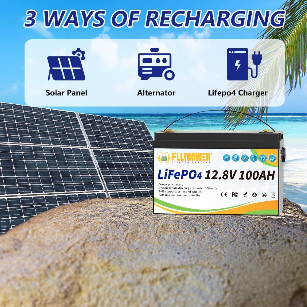 FLLYROWER Lifepo4 Battery 12v 100ah with Grade A Cells and 100A BMS for Trolling Motor Golf Cart RV Camping Car Solar Panel Support Series and Parallel Include a Charger