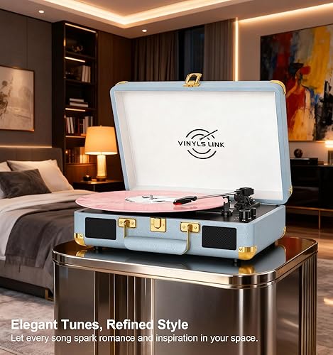 Miniatura 7 de VINYLSLINK - Tocadiscos de vinilo Bluetooth, tocadiscos portátil de 3 velocidades con control de agudos y graves, altavoces estéreo integrados,