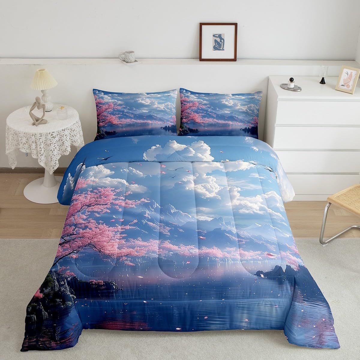 Erosebridal Japanese Comforter Set Cherry Blossoms Trees Bedding, Sakura Flowers Fuji Mountain Bedding Comforter Sets for Kids Teens Adults Watercolor Mountain Lake Landscape Quilt Full 3 Pieces
