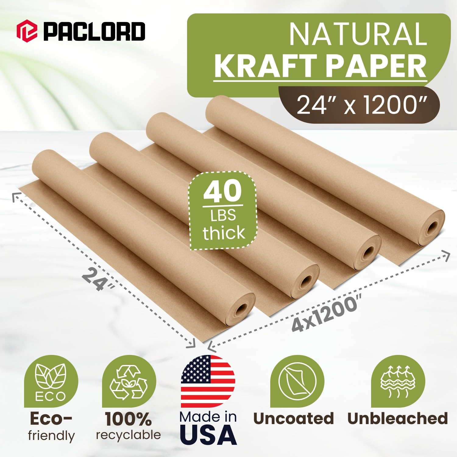 61 cm x 3,048.0 cm (30,5 m) naturalna rolka papieru kraftowego (Value Pack - 4 rolki) - wyprodukowano w USA, 100% nadający się do recyklingu papier pakowy, brązowy papier pakowy do wysyłki