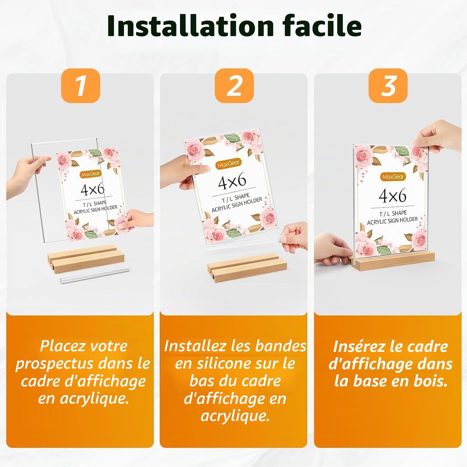 Lot de 6 présentoirs de table A6 - Double emplacement pour cartes - En acrylique - Avec pied en bois - Étiquettes de prix - Porte-cartes de menu - Format portrait - Double face - Pour