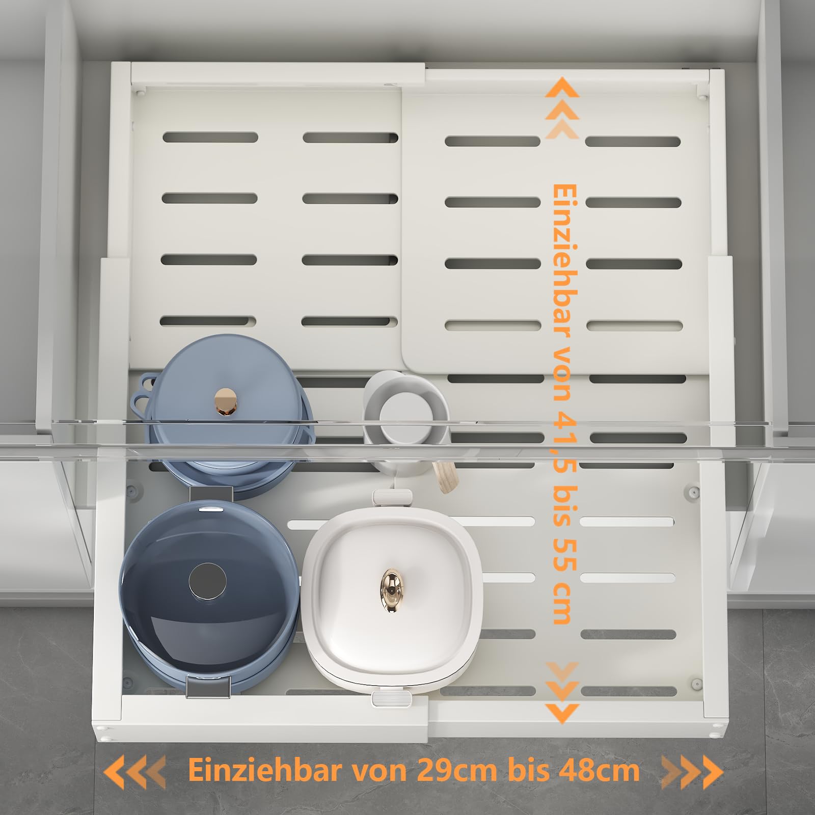 Teleskopschublade 50cm Tief 2 Stück Ausziehbare Schublade Küche Verstellbar 41,5-55cm Weiß