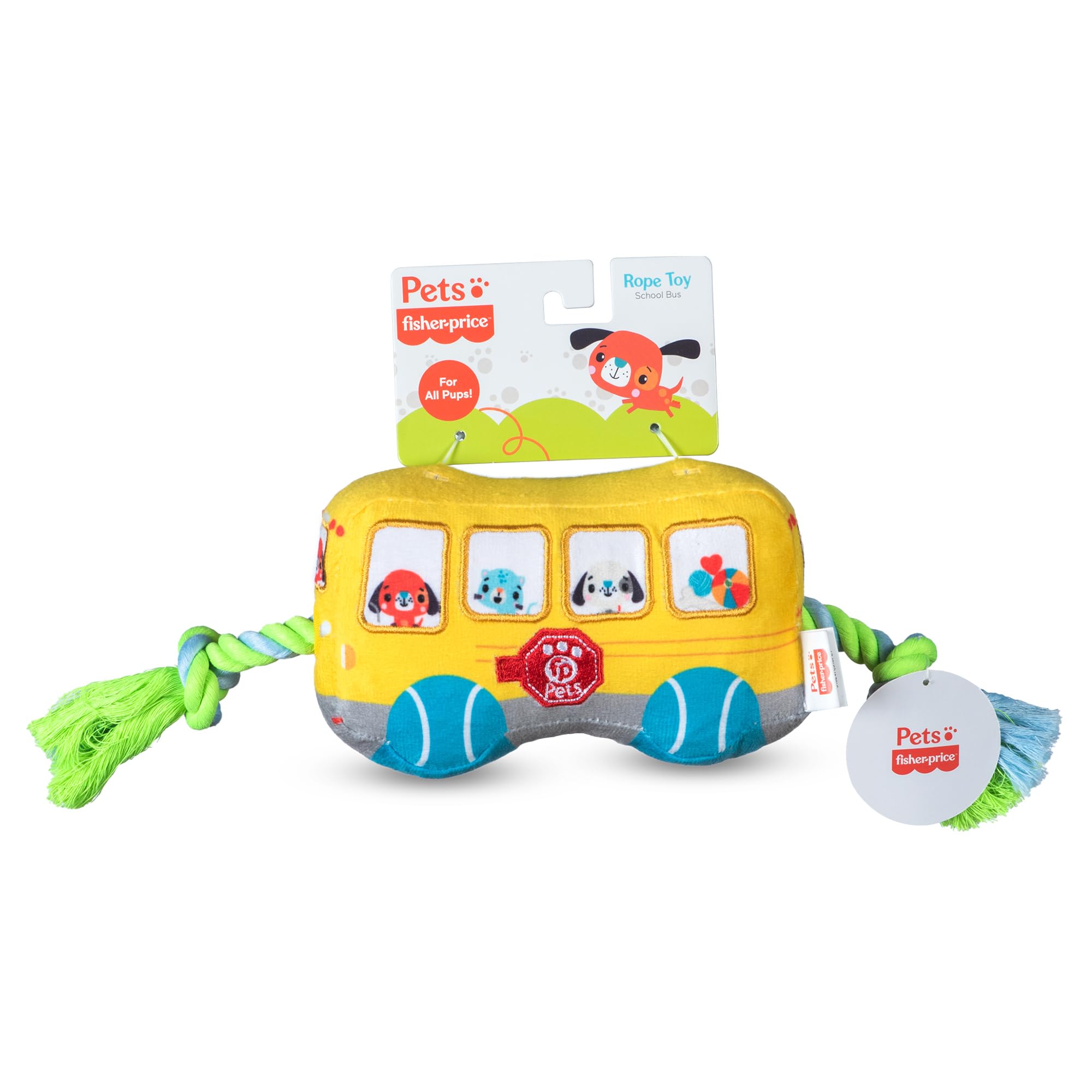 Fisher-Price Zabawka dla zwierząt domowych, autobus szkolny, zabawka dla psów, zabawka dla psa z liną, pluszowa zabawka dla psa z piszczałką wewnątrz, rozwojowe zabawki dla psów