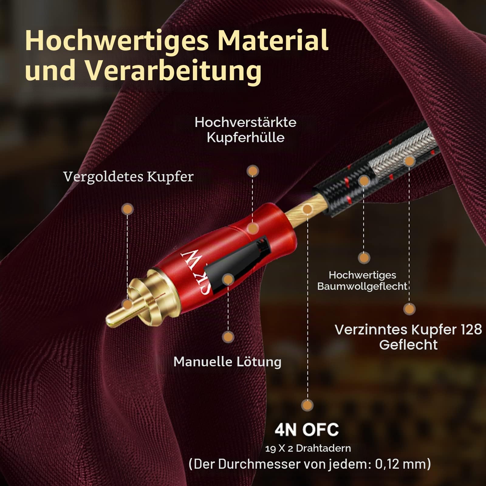 SKW Cinch Audio Kabel, OFC Kupfer - Dual geschirmt 2 x Cinch zu 2 x Cinch Kabel - analog Stereo Audiokabel für CD, DVD, Verstärker, Soundkarte, Decoder, Soundbar (5M, Rot)