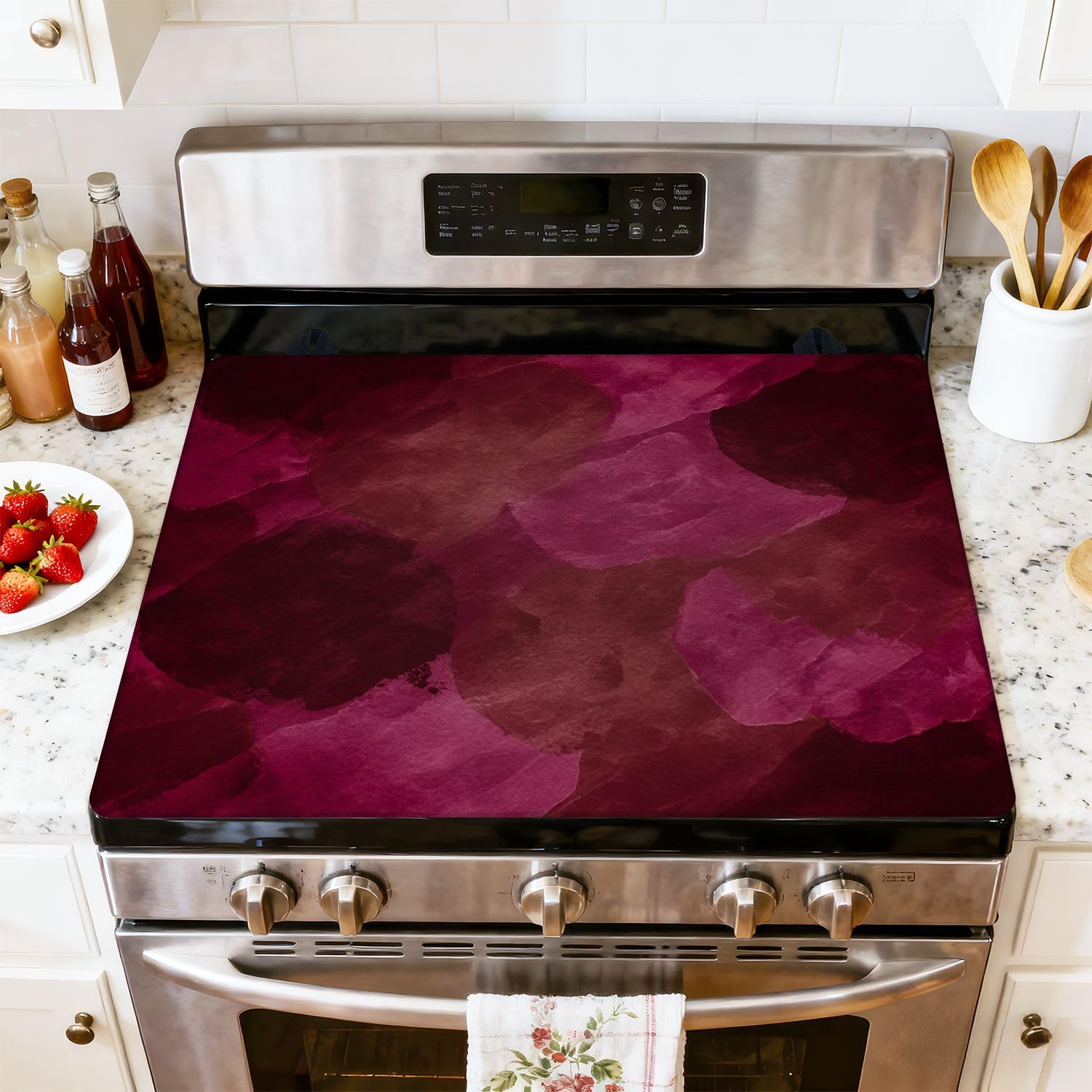 Stove Top Cover for Electric Stove Black dark red burgundy maroon magenta abstract watercolor rt Stroke Heat Resistant Glass Cooktop Protector Flat Top Oven Cover Mat Prevent Scratching 28" x 20"
