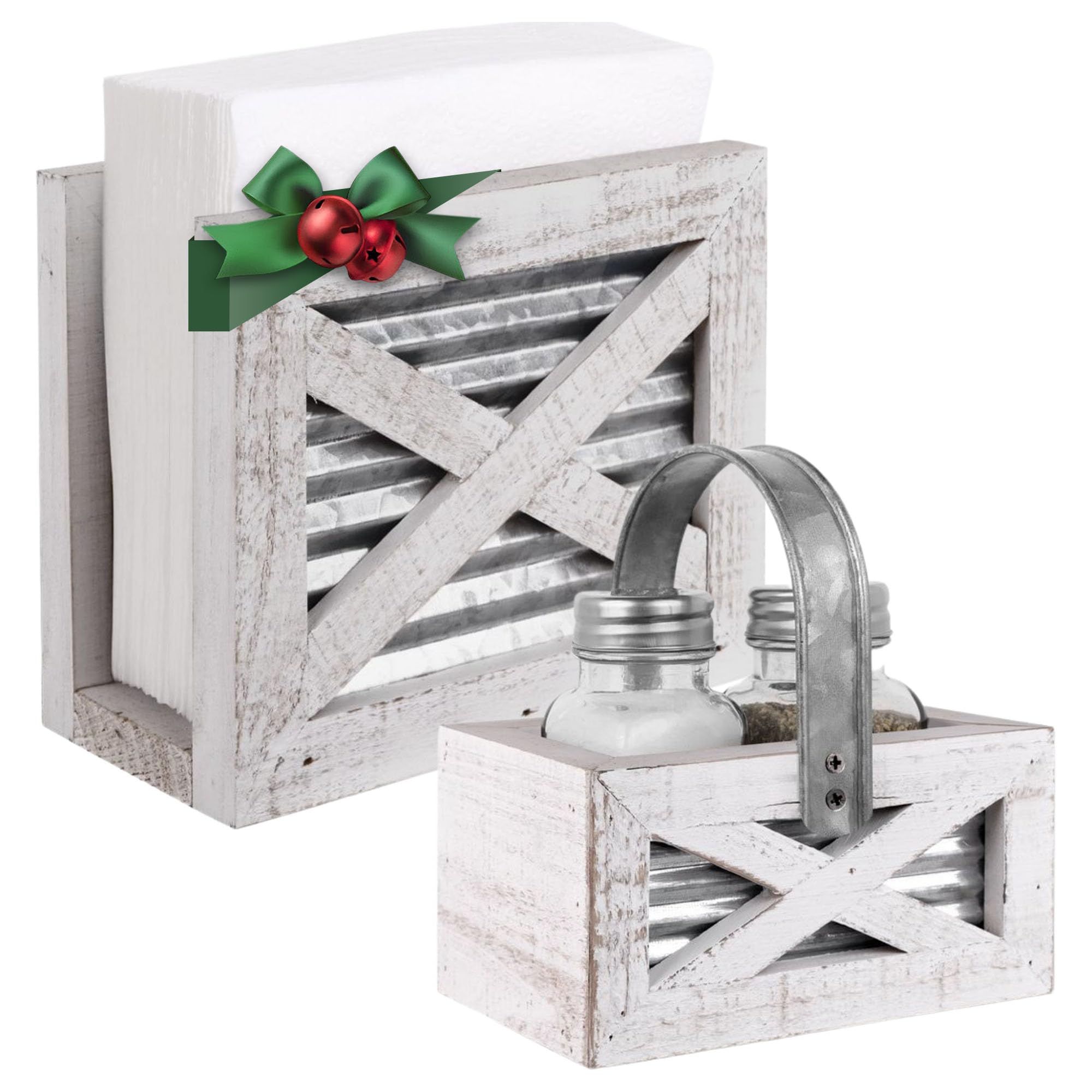 Autumn Alley Juego de servilletero de granja y salero y pimentero de granja con soporte de madera, motivo de puerta de granero, metal galvanizado, servilletero rústico para decoración de cocina de