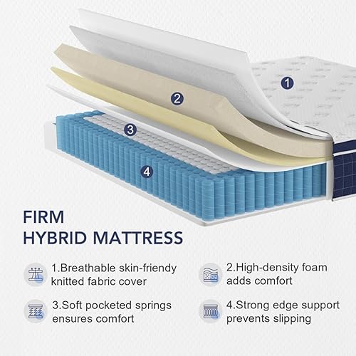 Miniatura 2 de Colchón tamaño King, colchón King firme medio de 14 pulgadas en una caja, colchones híbridos con espuma viscoelástica de gel de alta densidad y