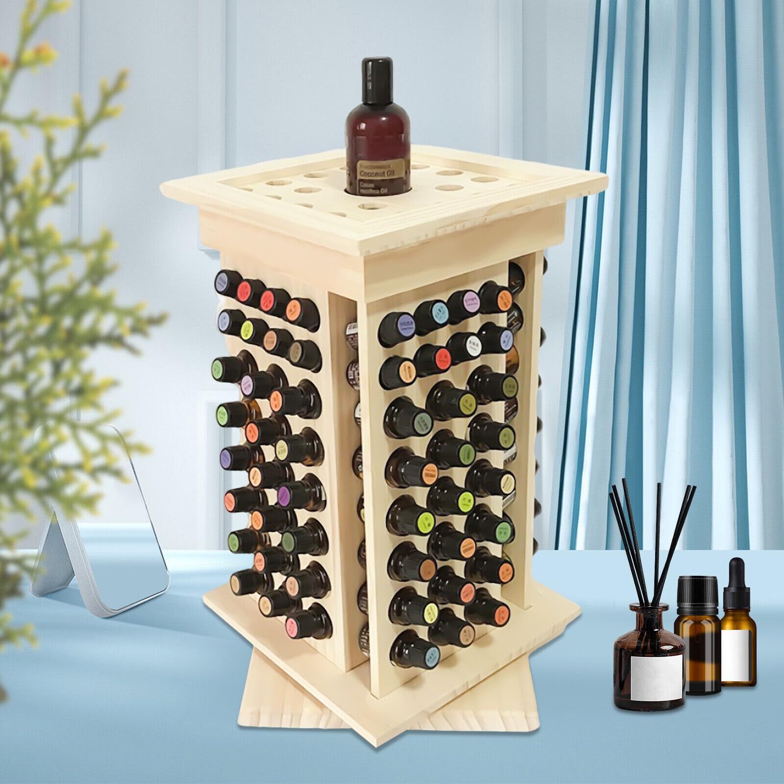 WATEBATH Rotating Essential Oils Storage Rack Holds 104 Slot Organizer Holder - Wooden Cosmetic Classification Shelf Perfume Nail Polish Collection Display Holder Table Diffuser Stand