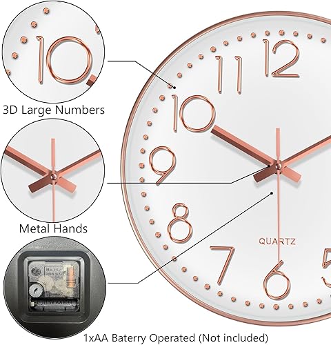 Miniatura 6 de Relojes de pared silenciosos que funcionan con pilas de 8 pulgadas, reloj de pared analógico con número de vidrio templado de gran tamaño, reloj de