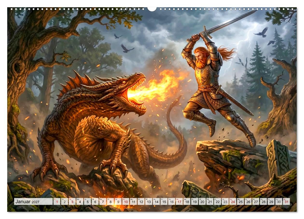 Deutsche Sagen - Helden, Dämonen, Mythen (hochwertiger Premium Wandkalender 2027 DIN A2 quer), Kunstdruck in Hochglanz: Epische Illustrationen ... und voller Legenden. (CALVENDO Kunst)