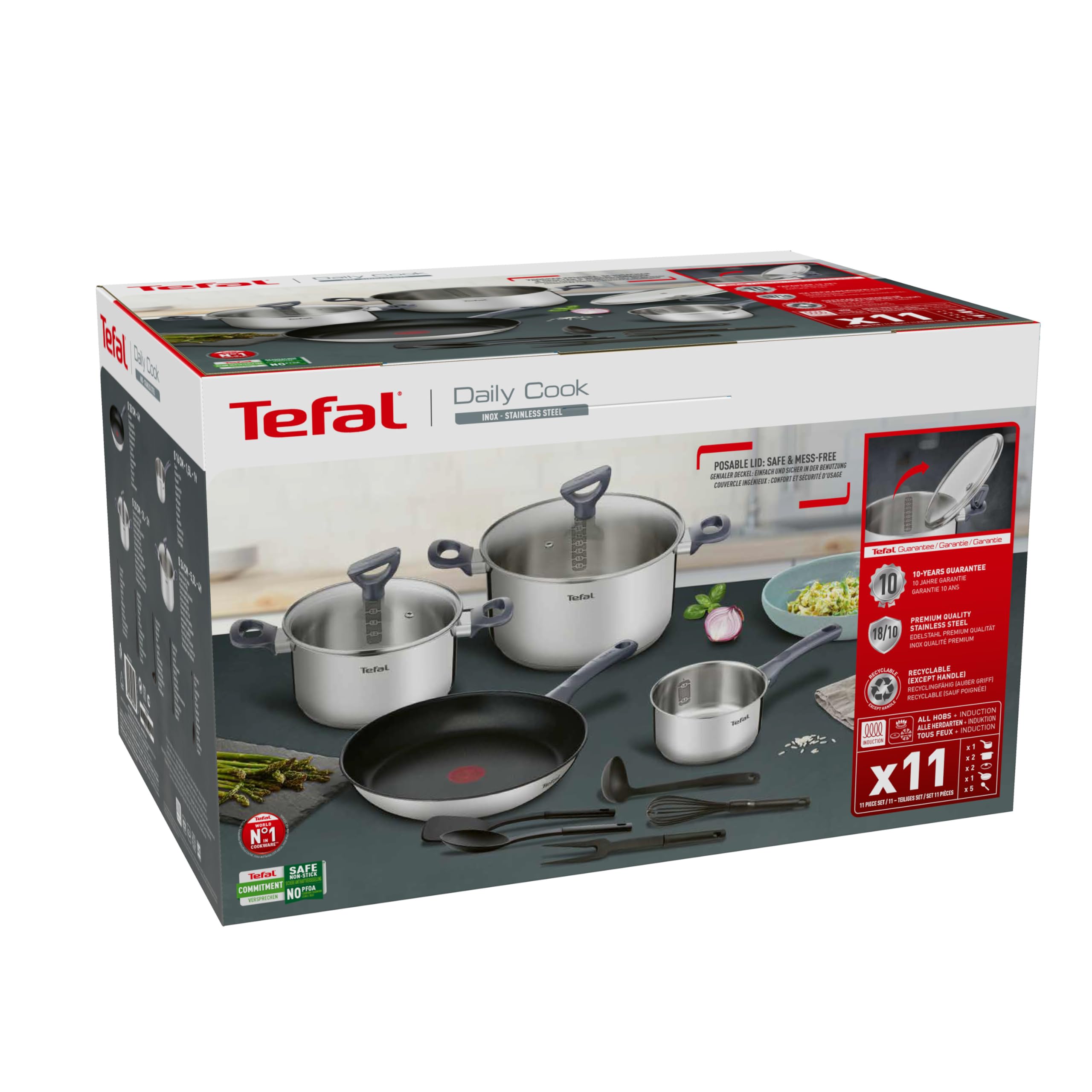 Tefal Batterie de cuisine 11 pcs, Casserole 16 cm + Faitouts 20/24 cm + Couvercles verre + Poêle 28 cm, Induction, Antiadhésif + Inox, Graduations intérieures, 5 ustensiles inclus, Daily Cook G713SB45