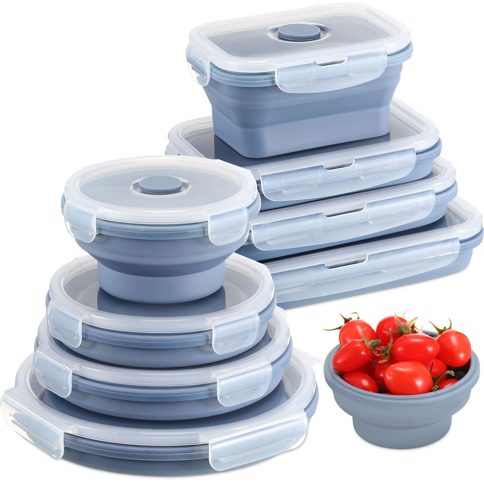 Nuanchu Faltbare Frischhaltedosen aus Silikon, luftdicht, zusammenklappbar, mit Deckel, rechteckig und rund, stapelbar, Mikrowellen-Lunchbehälter, Gefrierschrank, spülmaschinenfest, 8 Stück (blau)