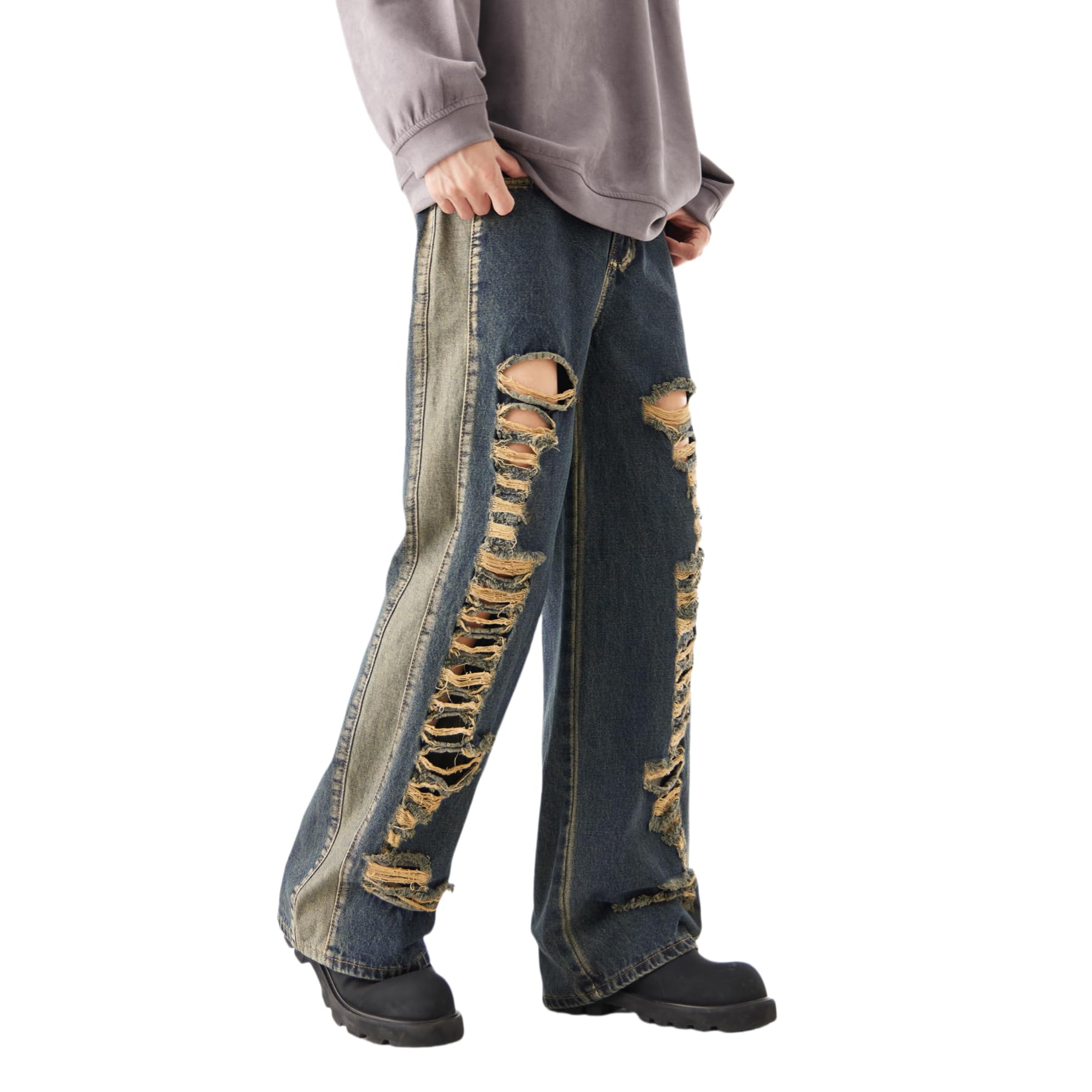 Mens Baggy Jeans Y2K Vintage Distressed Ripped Wide Leg Denim Pants Hip Hop Casual Loose Fit Streetwear Trousers