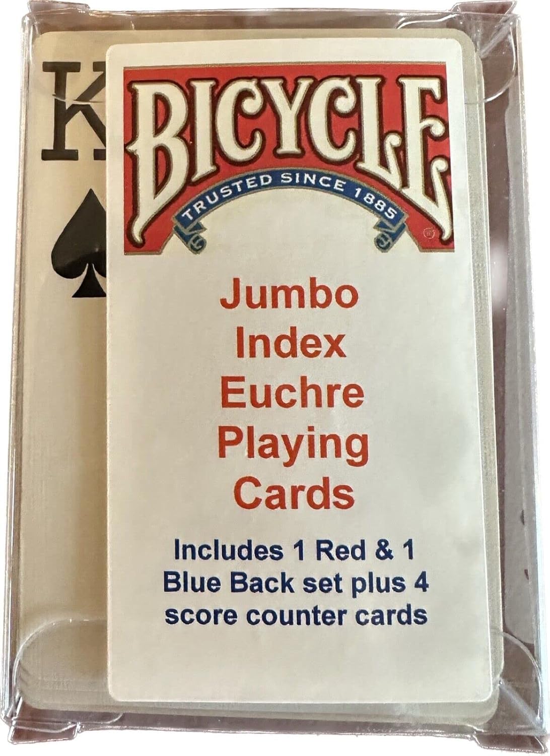Jumbo Index Bicycle Euchre Playing 52 Cards 2 Sets A-9 1 Blue 1 Red w/ 4 Counter