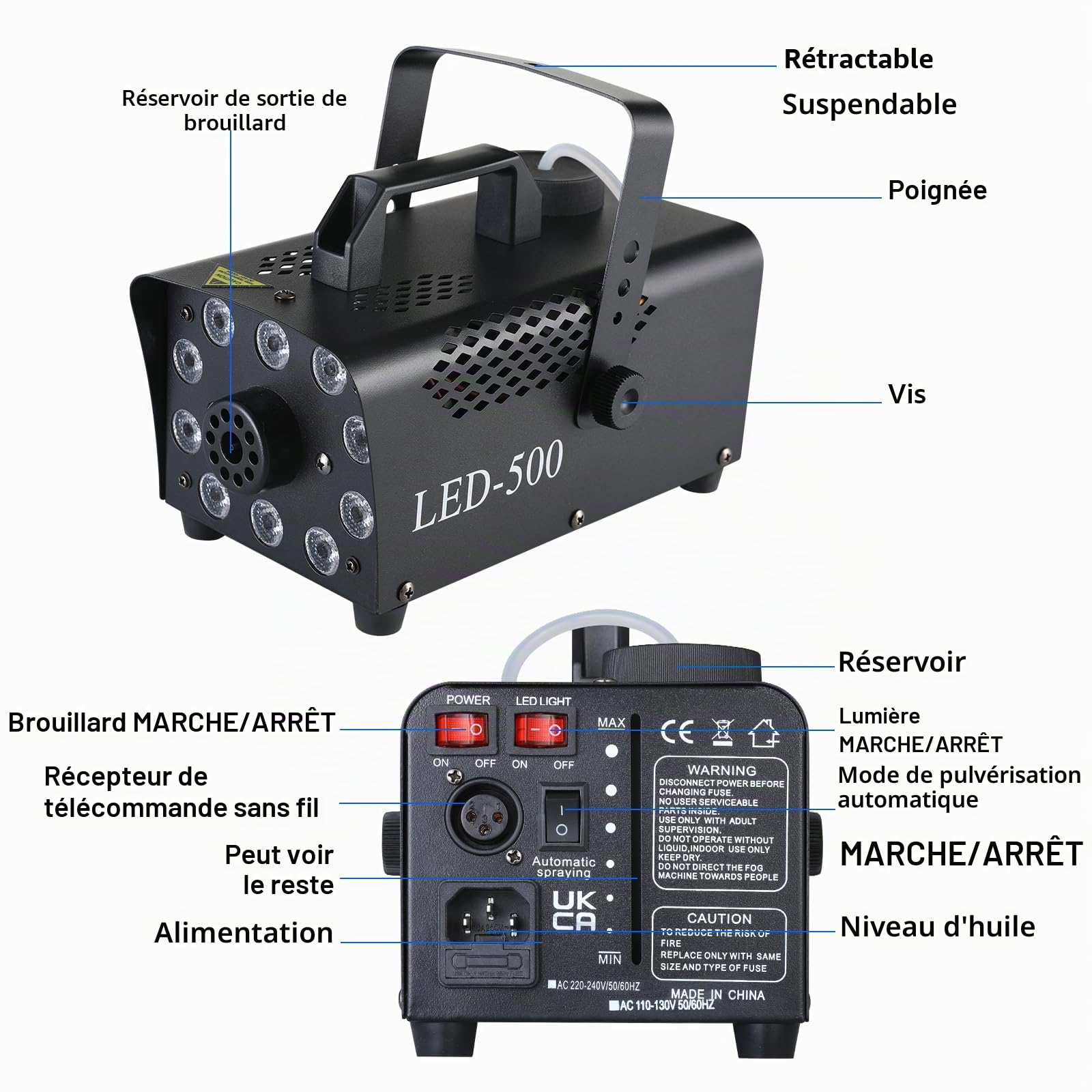 Machine à fumée 500 W avec 10 LED RVB et télécommande sans fil, convient pour les fêtes, l'effet disco DJ, Noël, mariage, spectacles sur scène