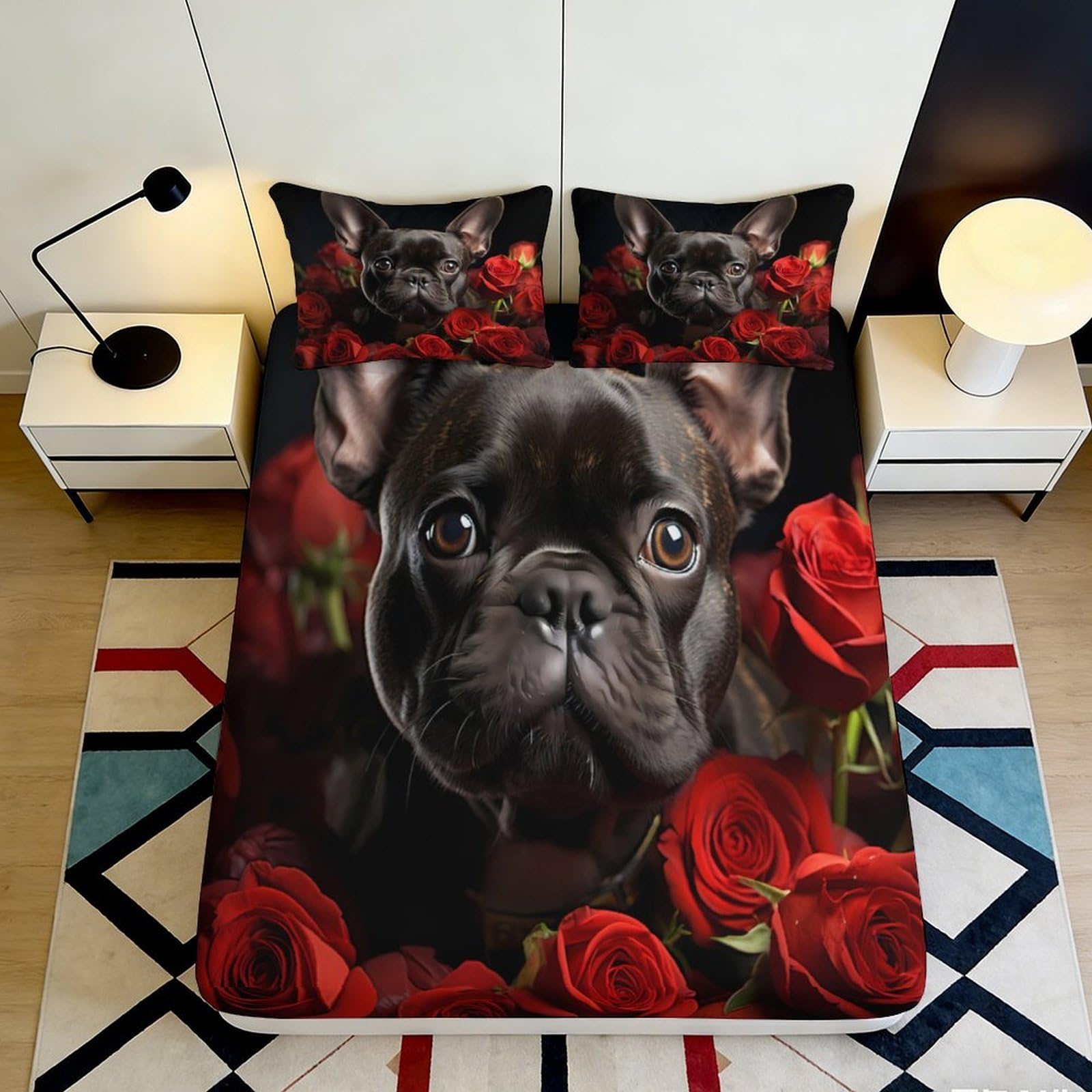 Jqzkxnhpbr Style-5 3D Printed Black French Bulldog Fitted Sheet Microfiber Roses Bed Cover Slip-Resistant Machine Washable For Bedroom Guestroom Decor 90X200x25cm