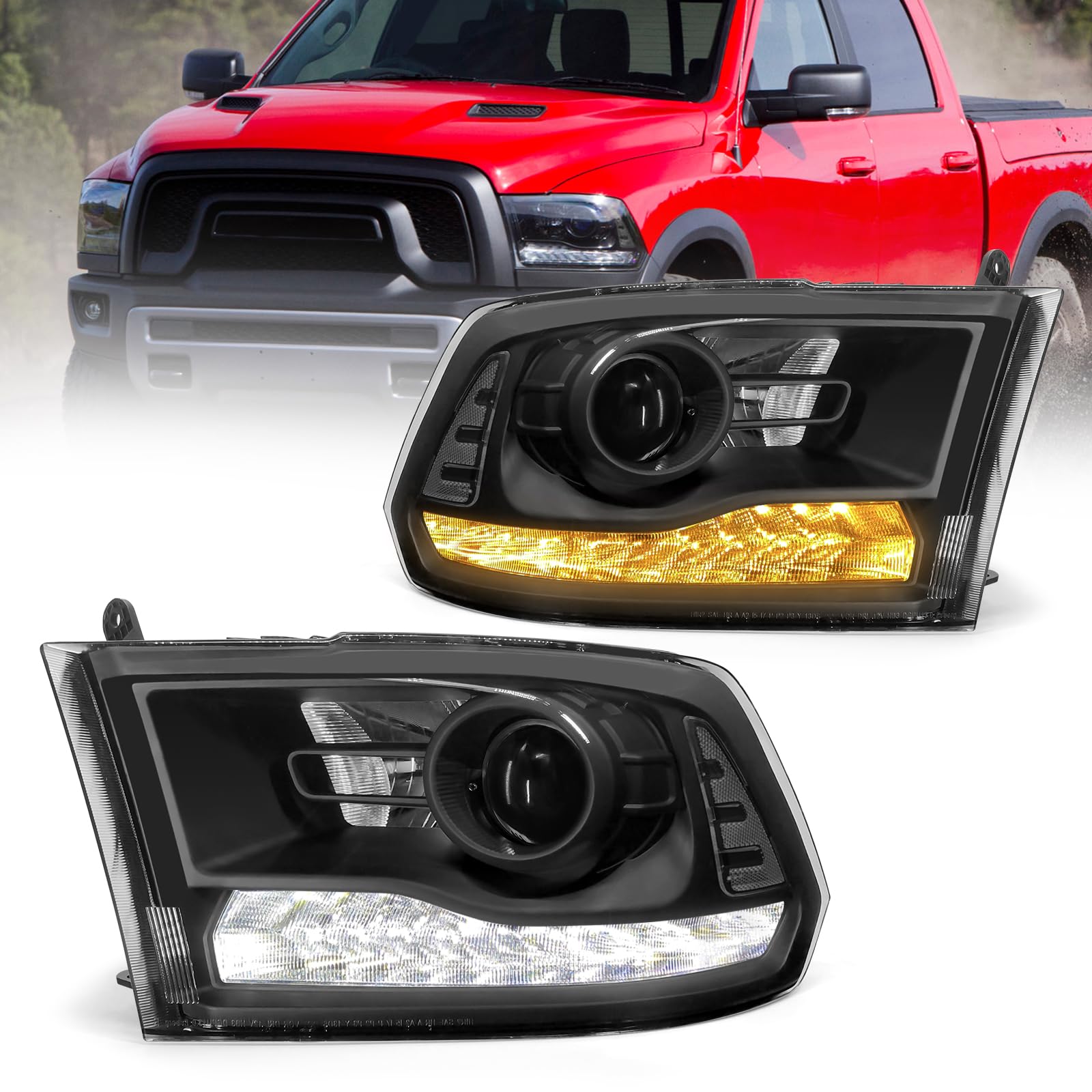 Photo 1 of for 2009 2010 2011 2012 2013 2014 2015 2016 2017 2018 Dodge Ram Projector Headlight Assembly 09-18 Ram 1500/10-18 Ram 2500 3500 Black Housing Clear Reflector Headlamp Replacement