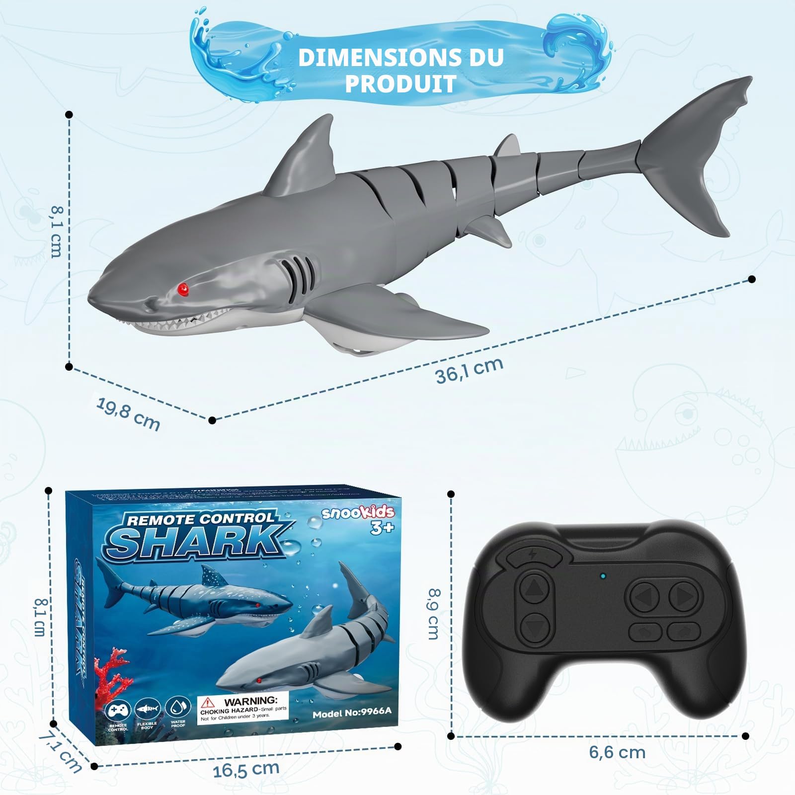 snookids Requin télécommandé Jouet - 2,4 GHz RC Requin Bateau de Simulation, Rechargeable par USB, Jouet Aquatique Bateau Radiocommandé Enfants, Cadeau pour Garçons et Fille
