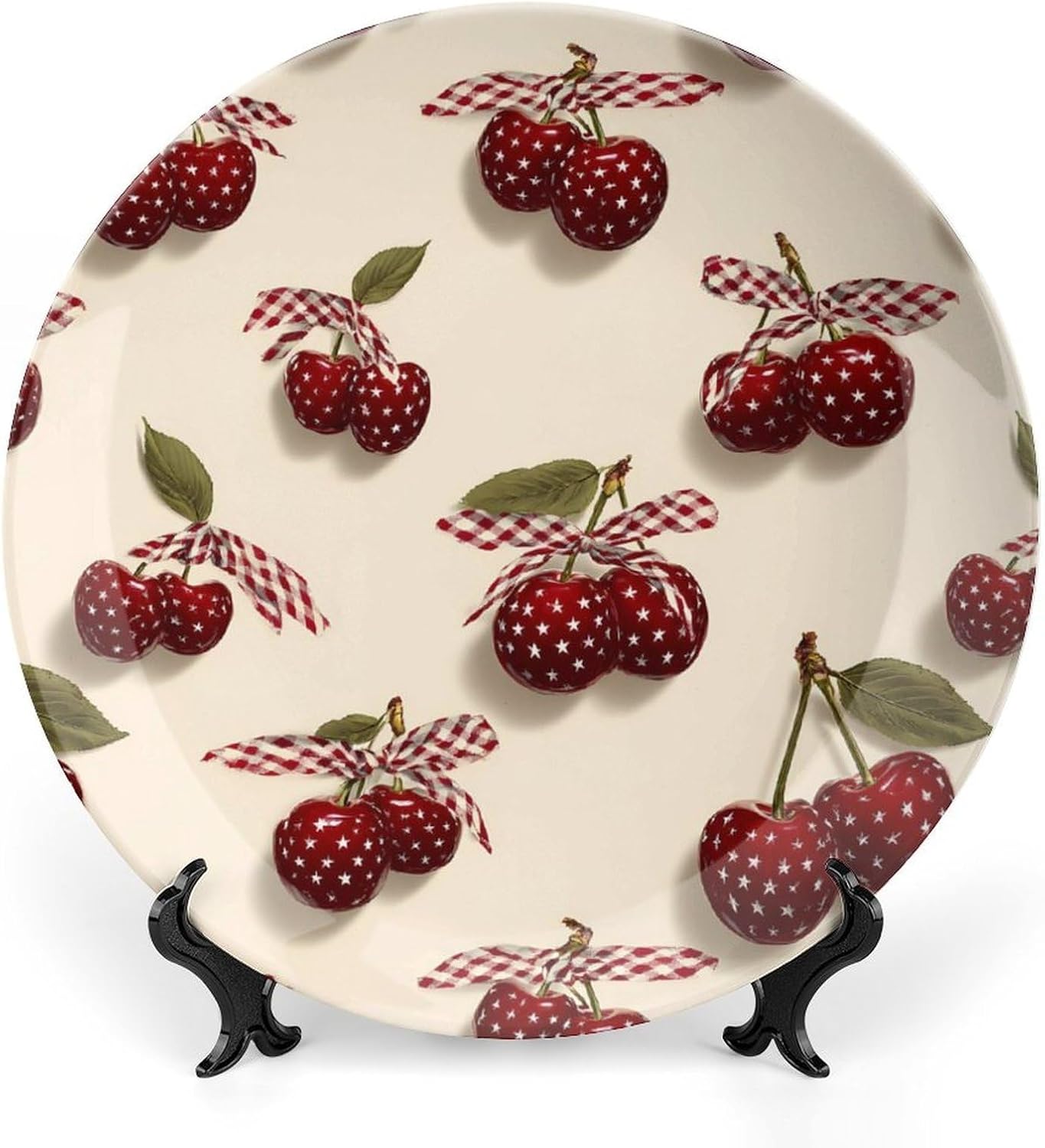 Cherry U.S. Flag Pattern Novelty Decorative Plate with Display Stand Ceramic Ornament Hanging Wall Decor
