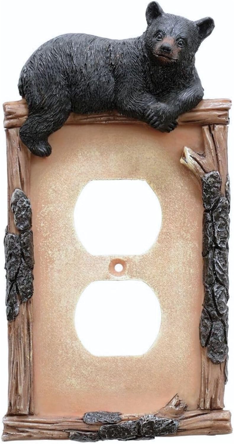 Black Bear on Log Double Outlet Receptacle Cover Cabin Lodge Style Home Décor