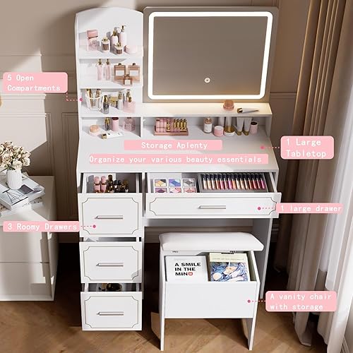 Miniatura 4 de Mesa de tocador con espejo LED y toma de corriente, 5 estantes abiertos, 4 cajones, incluye taburete acolchado, tocador de maquillaje ideal para