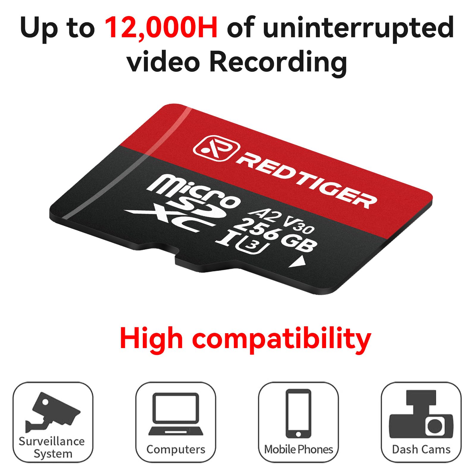 REDTIGER Carte Micro SD haute vitesse 256 Go avec adaptateur, microSDXC UHS-I classe 10, U3, V30 A2, prise en charge de caméra embarquée et enregistrement vidéo 4K, compatible avec F7NP-V07&F9&