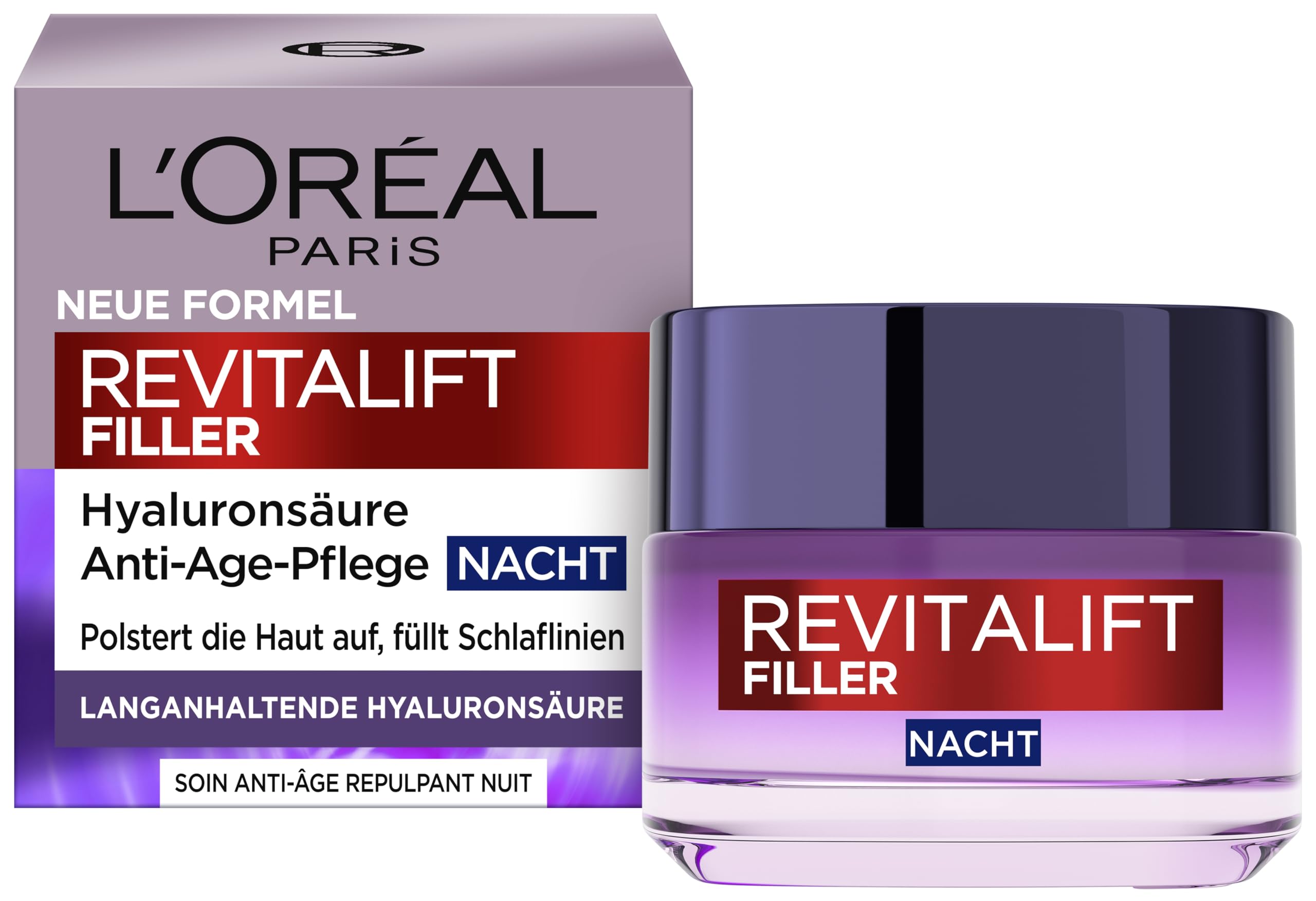 L'Oréal Paris Anti-Aging Nachtpflege: aufpolsternd und gegen Falten, Feuchtigkeitspflege mit Hyaluronsäure, feuchtigkeitsspendende & glättende Nachtcreme, Revitalift Filler, 1 x 50ml