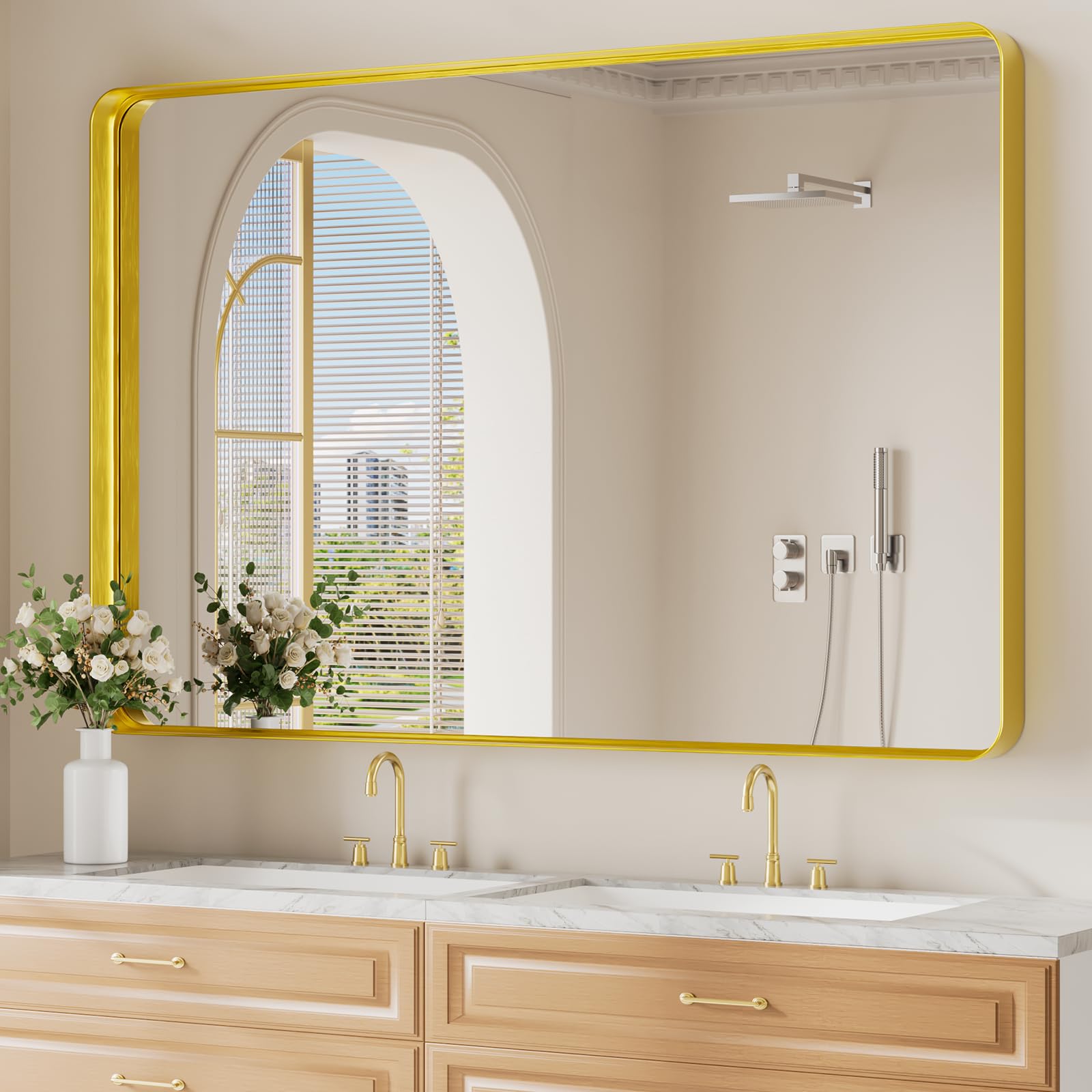 Koonmi Gold Wall Mirror for Bathroom, 36x55 Inch Matte Deep Framed Rounded Rectangle Vanity Mirror for Farmhouse Living Room, Tempered Glass, Anti-Rust, Vertically or Horizontally